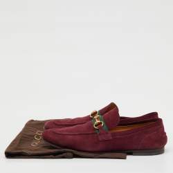 Pre Owned Gucci Burgundy Suede Web Horsebit Slip On Loafers Size 41