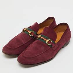 Pre Owned Gucci Burgundy Suede Web Horsebit Slip On Loafers Size 41