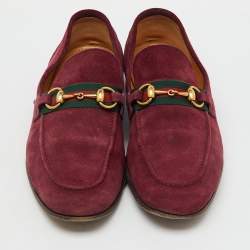Pre Owned Gucci Burgundy Suede Web Horsebit Slip On Loafers Size 41