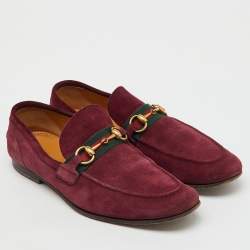 Pre Owned Gucci Burgundy Suede Web Horsebit Slip On Loafers Size 41