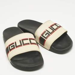 Pre Owned Gucci Cream Rubber Logo Pool Slides Size 44