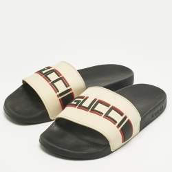 Pre Owned Gucci Cream Rubber Logo Pool Slides Size 44