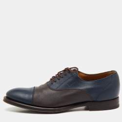 Pre Owned Gucci Navy Blue/Dark Brown Leather Lace Up Oxfords Size 41