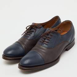Pre Owned Gucci Navy Blue/Dark Brown Leather Lace Up Oxfords Size 41