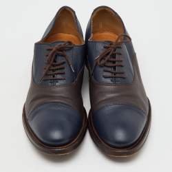 Pre Owned Gucci Navy Blue/Dark Brown Leather Lace Up Oxfords Size 41