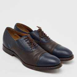 Pre Owned Gucci Navy Blue/Dark Brown Leather Lace Up Oxfords Size 41