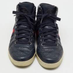 Pre Owned Gucci Navy Blue Guccissima Leather Web Detail High Top Sneakers Size 41.5