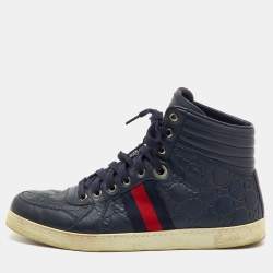 مملوكة مسبقًا Gucci Navy Blue Guccissima Leather Web Detail High Top Sneakers Size 41.5