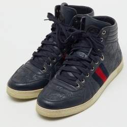 Pre Owned Gucci Navy Blue Guccissima Leather Web Detail High Top Sneakers Size 41.5