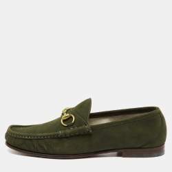 Pre Owned Gucci Green Nubuck Leather 1953 Horsebit Slip On Loafers Size 41