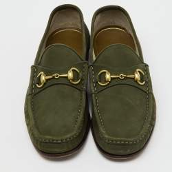 مملوكة مسبقًا Gucci Green Nubuck Leather 1953 Horsebit Slip On Loafers Size 41