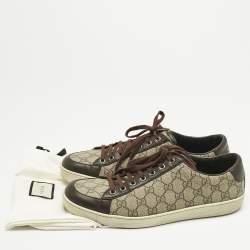 Pre Owned Gucci Beige/Dark Brown Coated Canvas and Leather GG Supreme Low Top Sneakers Size 43
