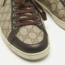 Pre Owned Gucci Beige/Dark Brown Coated Canvas and Leather GG Supreme Low Top Sneakers Size 43
