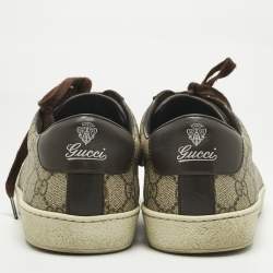 Pre Owned Gucci Beige/Dark Brown Coated Canvas and Leather GG Supreme Low Top Sneakers Size 43