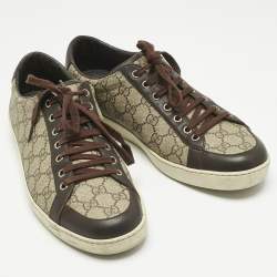 Pre Owned Gucci Beige/Dark Brown Coated Canvas and Leather GG Supreme Low Top Sneakers Size 43