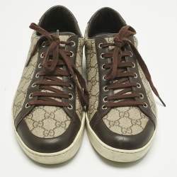 Pre Owned Gucci Beige/Dark Brown Coated Canvas and Leather GG Supreme Low Top Sneakers Size 43
