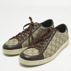 Pre Owned Gucci Beige/Dark Brown Coated Canvas and Leather GG Supreme Low Top Sneakers Size 43