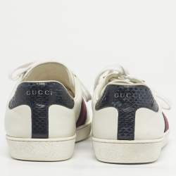 Pre Owned Gucci White Snakeskin Embossed and Leather Web Ace Low Top Sneakers Size 43.5