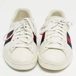 Pre Owned Gucci White Snakeskin Embossed and Leather Web Ace Low Top Sneakers Size 43.5