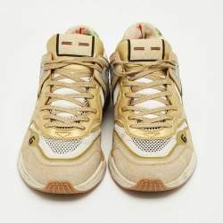 Pre Owned Gucci Gold/White Mesh, Glitter and Leather Ultrapace Low Top Sneakers Size 41