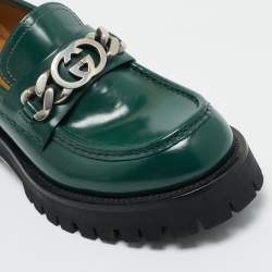 Pre Owned Gucci Green Leather Interlocking G Chain Loafers Size 41.5
