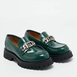 Pre Owned Gucci Green Leather Interlocking G Chain Loafers Size 41.5