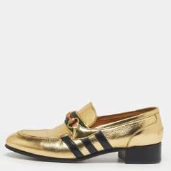 Pre Owned Gucci Gold Leather Horsebit Web Loafers Size 42
