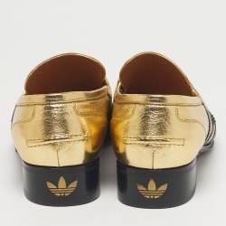 Pre Owned Gucci Gold Leather Horsebit Web Loafers Size 42