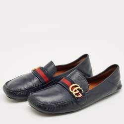 Pre Owned Gucci Navy Blue Leather GG Marmont Web Driver Slip On Loafers Size 44