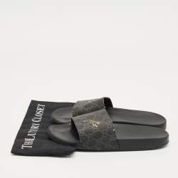 Pre Owned Gucci Black GG Coated Canvas Pool Slide Size 42