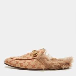 Pre Owned Gucci Brown Canvas and Fur Lined Princetown Flat Mules Size 41