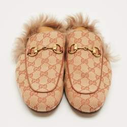 Pre Owned Gucci Brown Canvas and Fur Lined Princetown Flat Mules Size 41