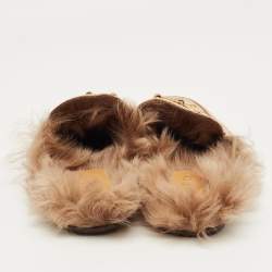 Pre Owned Gucci Brown Canvas and Fur Lined Princetown Flat Mules Size 41