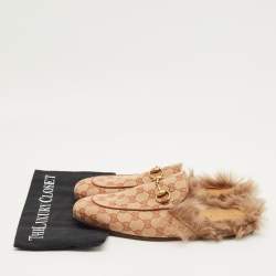 Pre Owned Gucci Brown Canvas and Fur Lined Princetown Flat Mules Size 41