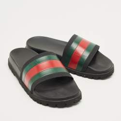 Pre Owned Gucci Black Rubber Web Pool Slides Size 45