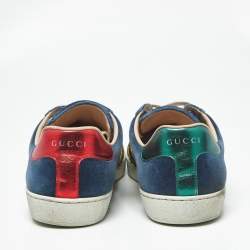 Pre Owned Gucci Blue Velvet And Leather Web Detail Low Top Sneakers Size 42.5