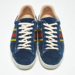 Pre Owned Gucci Blue Velvet And Leather Web Detail Low Top Sneakers Size 42.5