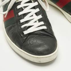 Pre Owned Gucci Black Leather Ace Web Lace Up Sneakers Size 42.5