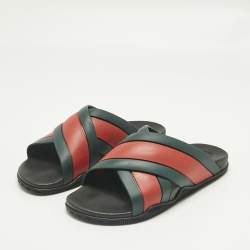 Pre Owned Gucci Red/Green Web Rubber Slide Sandals Size 44