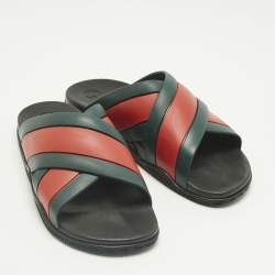 Pre Owned Gucci Red/Green Web Rubber Slide Sandals Size 44