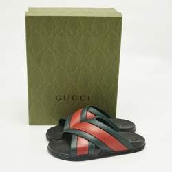 Pre Owned Gucci Red/Green Web Rubber Slide Sandals Size 44