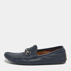 Pre Owned Gucci Navy Blue Leather Horsebit Slip On Loafers Size 42