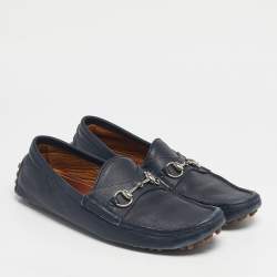 Pre Owned Gucci Navy Blue Leather Horsebit Slip On Loafers Size 42