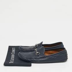 Pre Owned Gucci Navy Blue Leather Horsebit Slip On Loafers Size 42