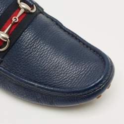 Pre Owned Gucci Navy Blue Leather Web Horsebit Loafers Size 42