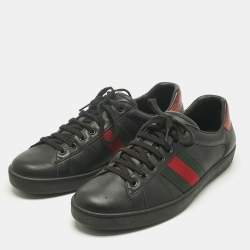 Pre Owned Gucci Black Leather Ace Web Lace Up Sneakers Size 43.5