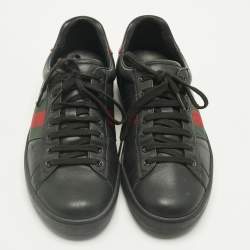 Pre Owned Gucci Black Leather Ace Web Lace Up Sneakers Size 43.5