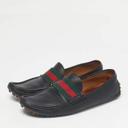 Pre Owned Gucci Black Leather Web Slip On Loafers Size 42