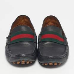 Pre Owned Gucci Black Leather Web Slip On Loafers Size 42