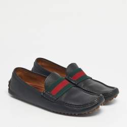 Pre Owned Gucci Black Leather Web Slip On Loafers Size 42